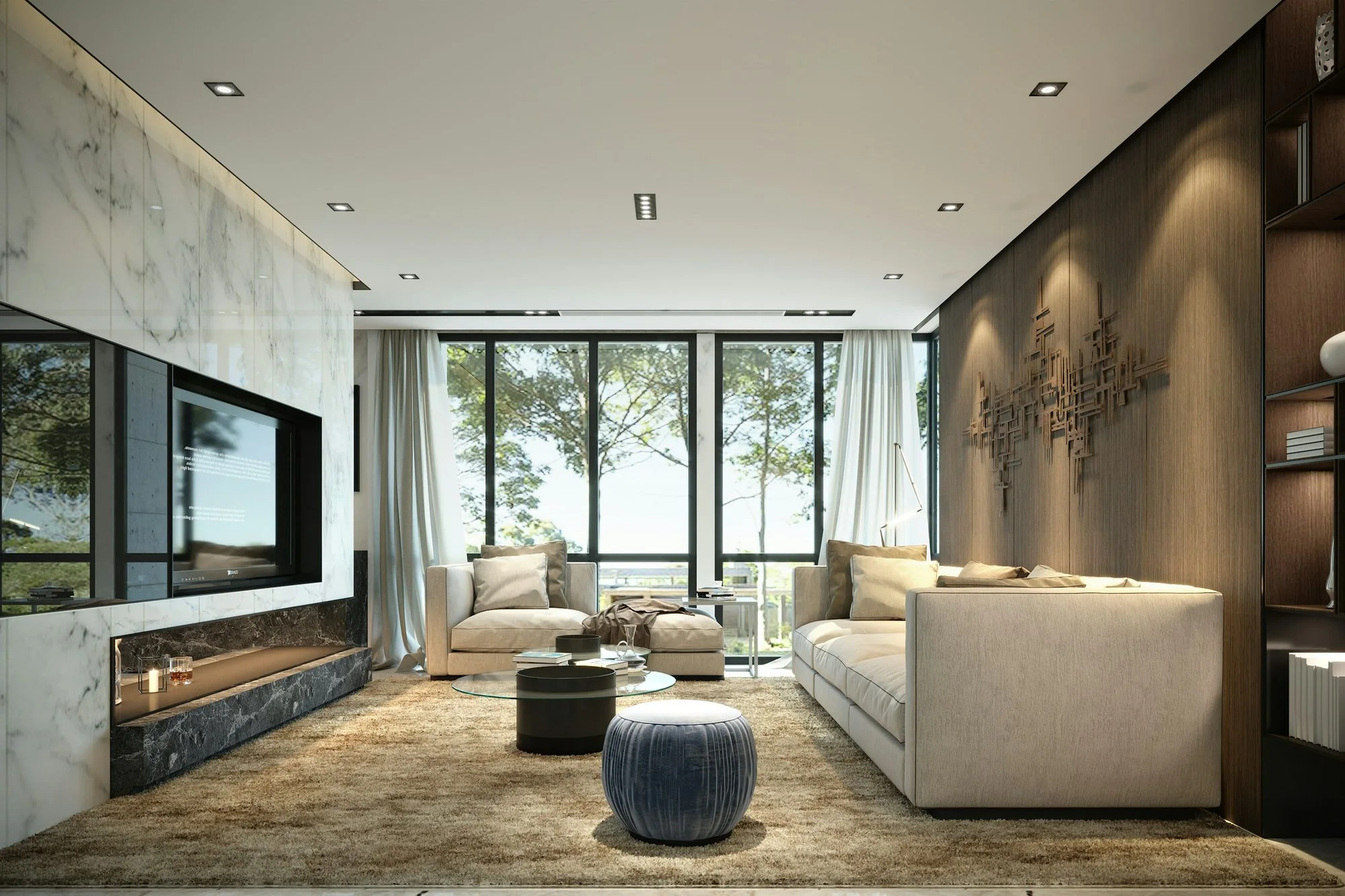 A luxurious living room with wide windows