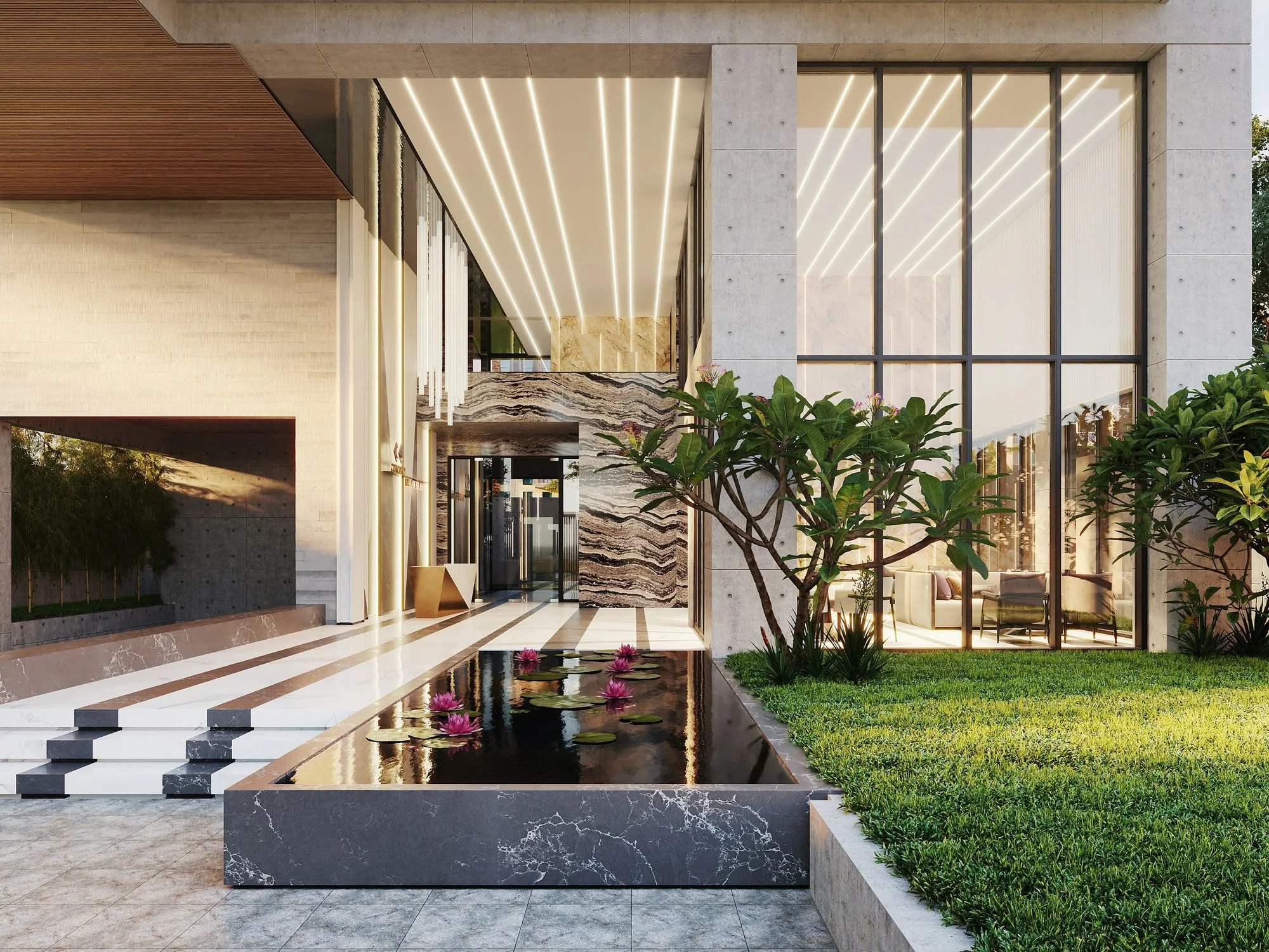 The entrance of a modern residential building with a garden and a pool of water